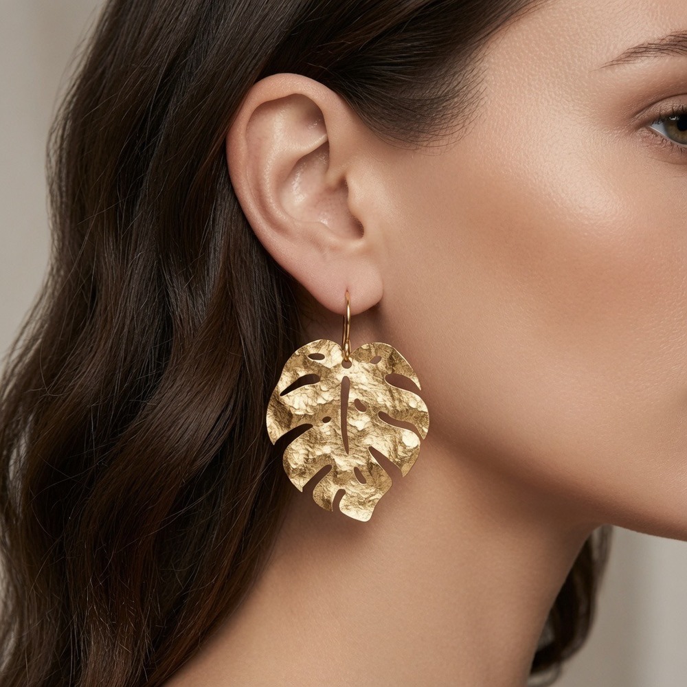 Anthropologie Monstera Leaf Earrings Gold Hammered Tropical Boho Dressy Vacation